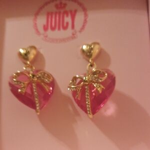 Juicy Couture Hot Pink Crystal Heart Earrings with Gold Bow Accents